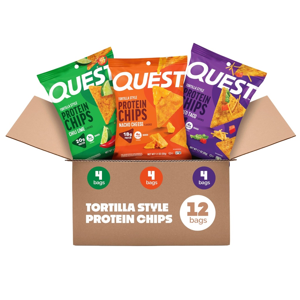 Quest Nutrition Tortilla Style Protein Chips Variety Pack, Chili Lime, Nacho Cheese, geladen Taco, Low Carb, hoog eiwit, Glutenvrij, 1,1 oz (pakket van 12)