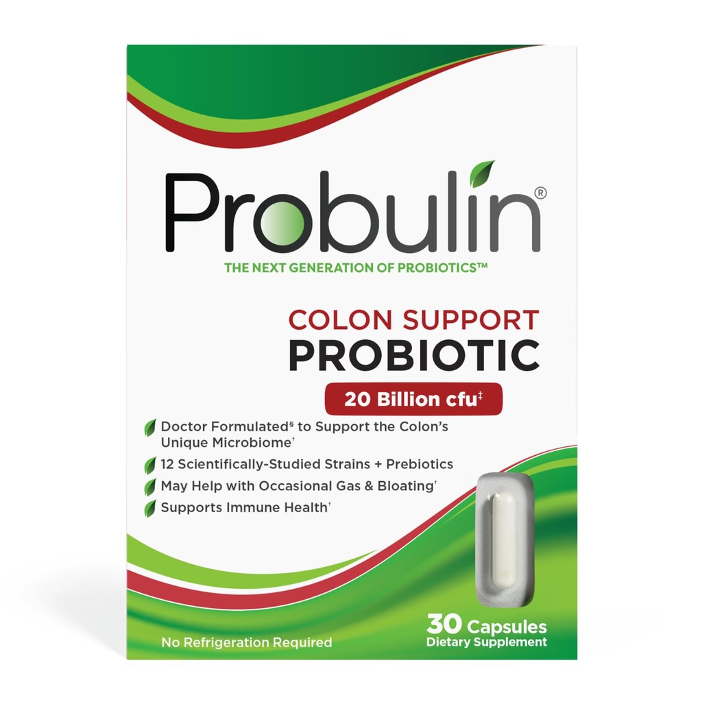 Probulin Colon Support Daily Probiotic + Prebiotic + Support Gut Health, Occasional Gas and Bloating - 20 Miljard CFU - 12 Strains, 30 Vegan Capsules