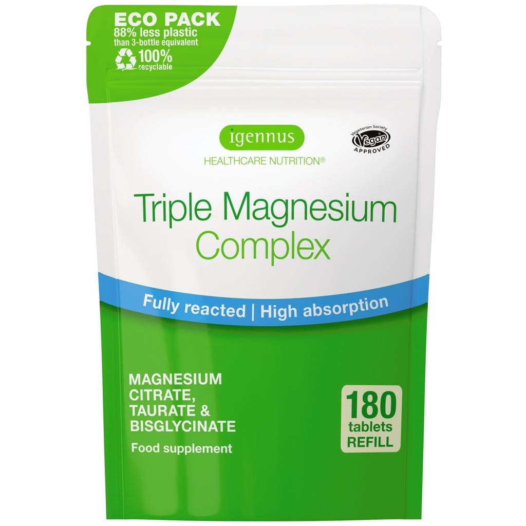 Igennus Superior Triple Magnesium Complex, Volledig Reacted & Chelated Glycinate, Taurate & Citrate, Clean Label, High Biobeschikbaarheid & Absorptie, 180 Tablets, Vegan, Non-Buffered