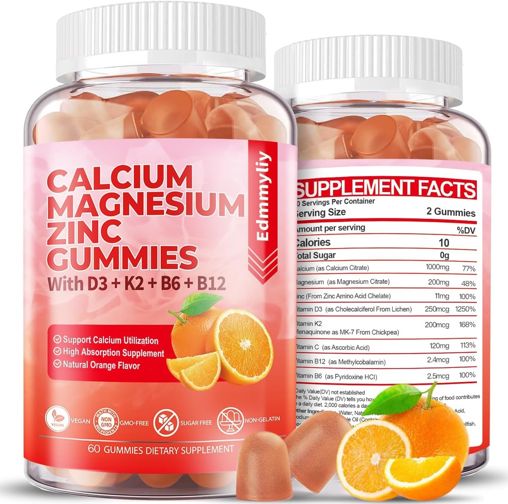 Suikervrij Calcium Magnesium Zink Supplement Gummies met Vitamine D3 & B12 voor vrouwen en mannen Hoge Absorptie Calcium Magnesium Supplement voor Immune Ondersteuning (120 Tellingen)