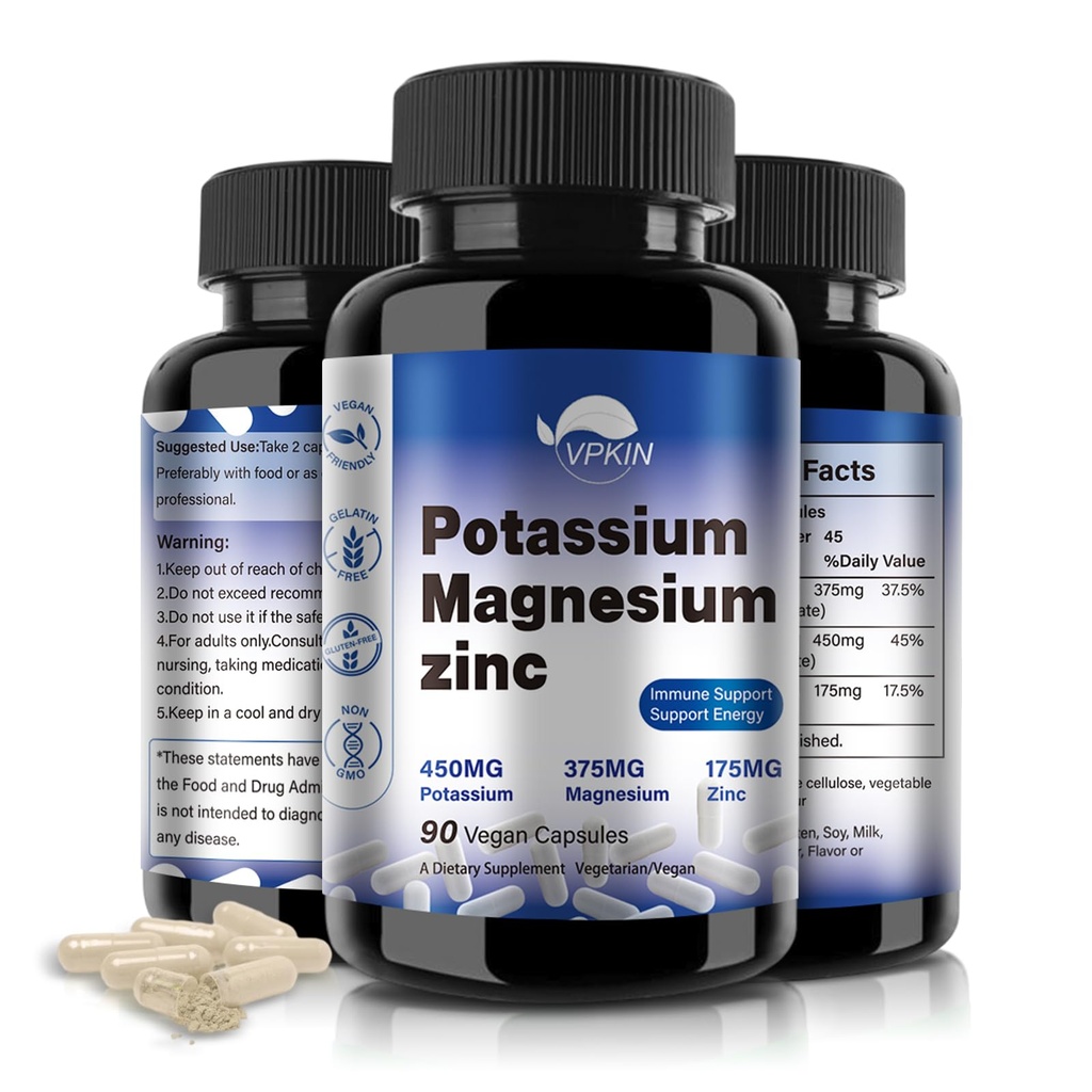 Supplément de magnésium de potassium 1000mg, High Absorption Magnésium Potassium Zinc Aspartate (90 Capsules)