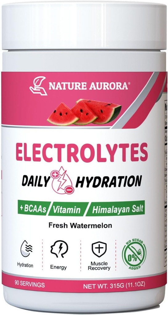 Elektrolyten Poeder Geen suiker, Fresh Watermeloen Electrolyte Poeder, Hydration Powder, Enhanced with Himalaya Salt, BCAAs, and B-Vitamins, No Calories, Sugar Free Keto Electrolyte Drink - 90 Serves