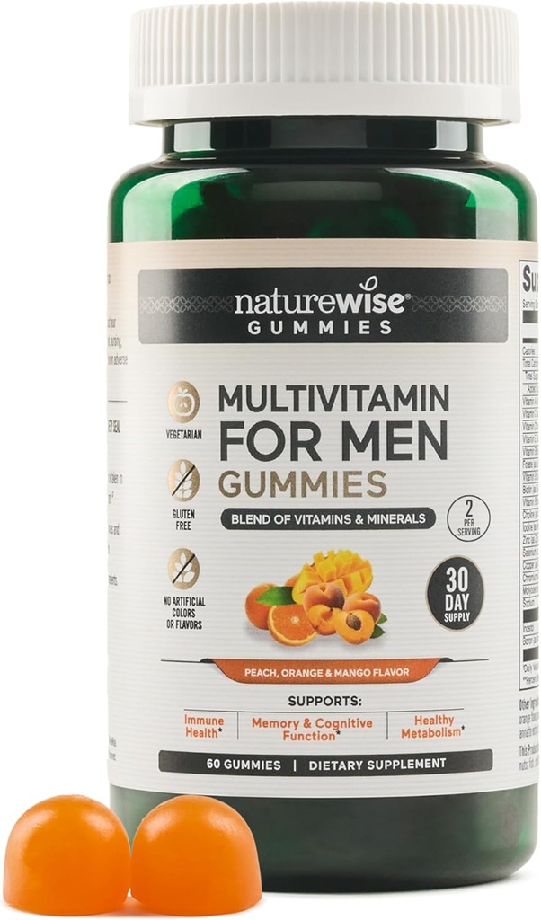 NatureWise Multivitamine pour les hommes, Gummies Peach Mango Flavor, pour la santé immunitaire avec minéraux et vitamine A, C, D, E, B6 et B12, végétarien, sans soja, non-OGM, 60 Compte[1-Mois]