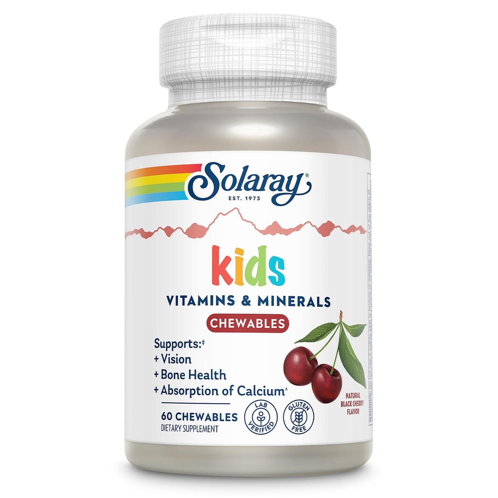 SOLARAY Kindervitaminen & Mineralen Complete Multivitamine voor kinderen Grote zwarte kersensmaak (076280047974) (60 Kauwgom, 30 Serv)