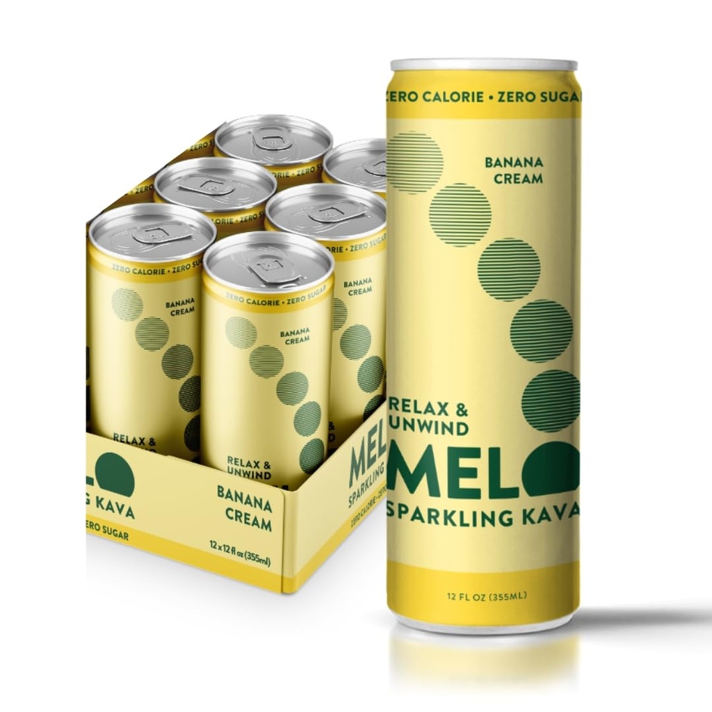 Boissons gazeuses Melo, Crème de banane, Boissons non alcoolisées sans sucre avec des calories zéro, sans gluten, végétalien, 100% naturel Mocktail avec 100 mg de racine de kava par boisson, 6 Pack, 12 oz Cans
