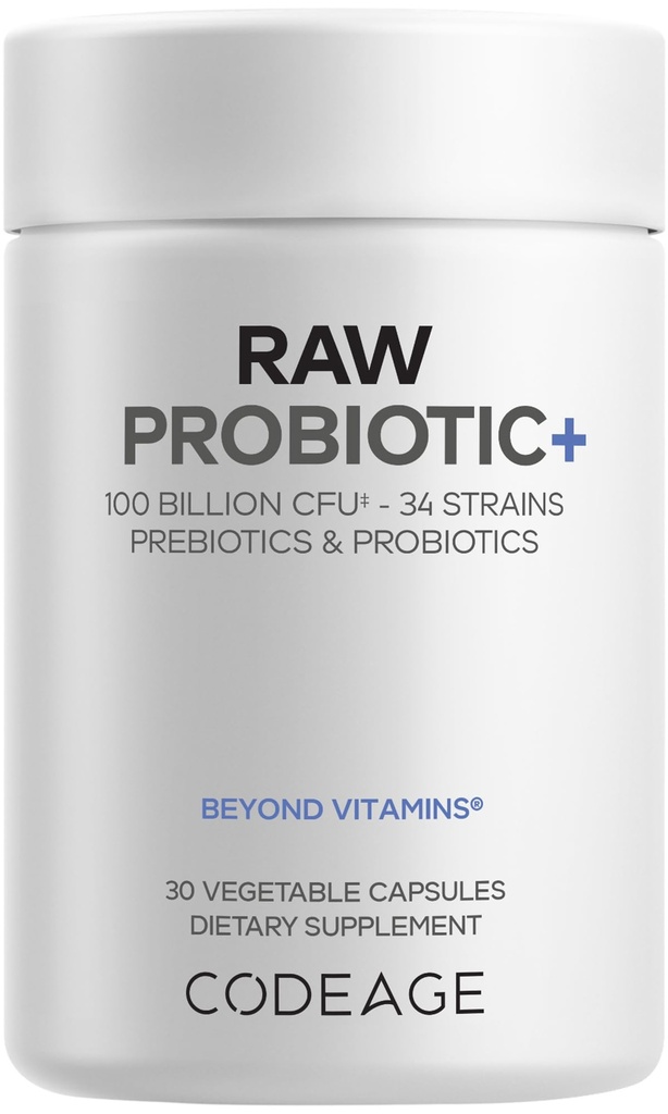Supplément Probiotique+ brut de codage - 34 souches probiotiques, 100 milliards d'UFC, probiotiques d'aliments entiers crus, enzymes digestives, fruits et légumes crus Prébiotiques - Culture de kéfir sauvage - Non-OGM - 30 capsules