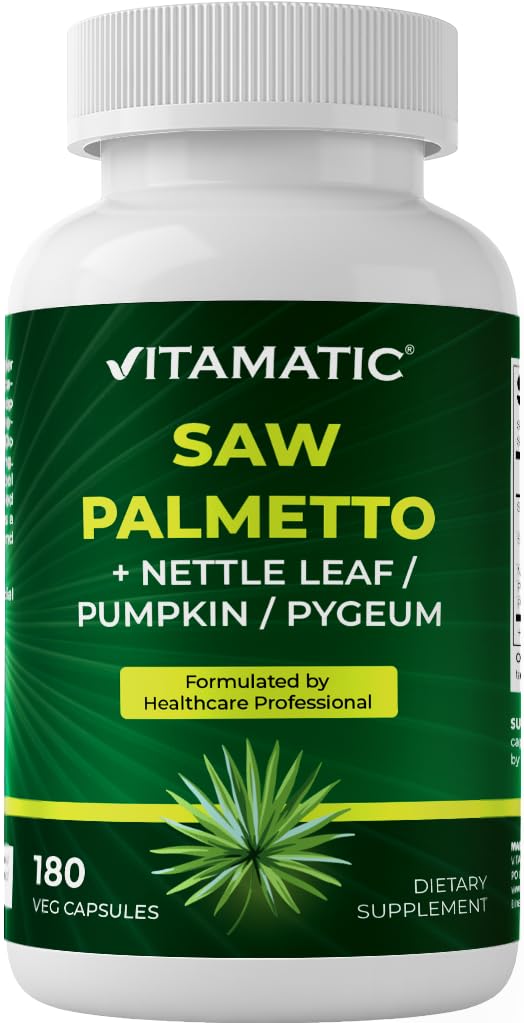 Vitamatic Saw Palmetto Extract voor mannen & vrouwen 180 Veg Capsules - gemaakt met pompoenzaad, Pygeum, Nettle Leaf - Made in The USA - bevordert gezonde prostaat functie