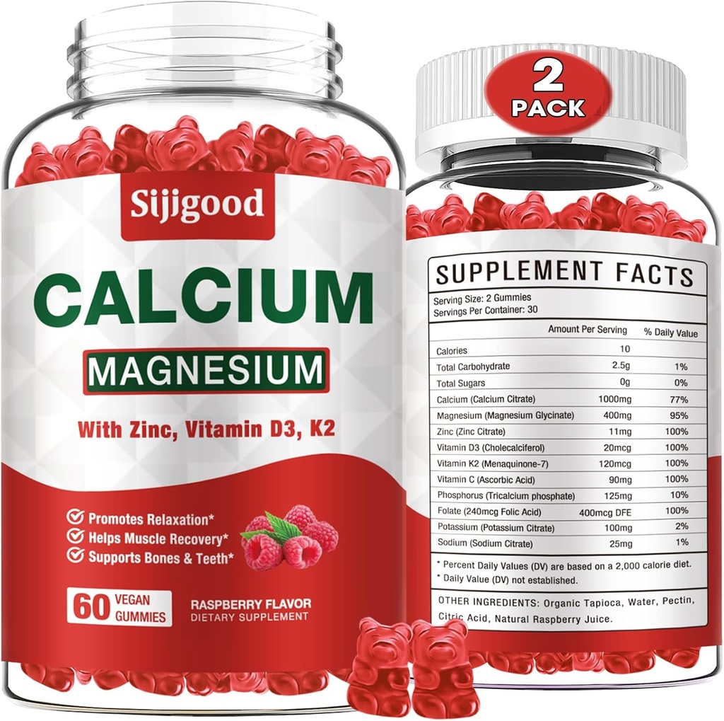 2 Pack Calcium Magnesium Zink Gummies met Vitamine C D3 K2, Calcium Gummies voor Bot, Spier, Kalm & Zzz Ondersteuning, Hoge Absorptie Formule met Magnesium Zink Kalium, Raspberry Flavored 120 Cts