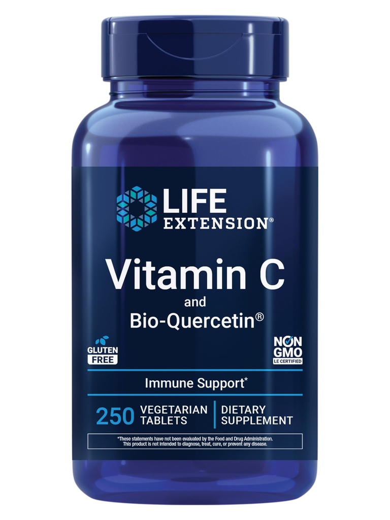 Levensverlenging Vitamine C en Bio-Quercetin®, Cardiovasculaire Gezondheidssupplement, Immuunondersteuning, Zeer absorbeerbaar, quercetine, Vitamine C, Glutenvrij, Non-GMO, Vegetarisch, 250 tabletten