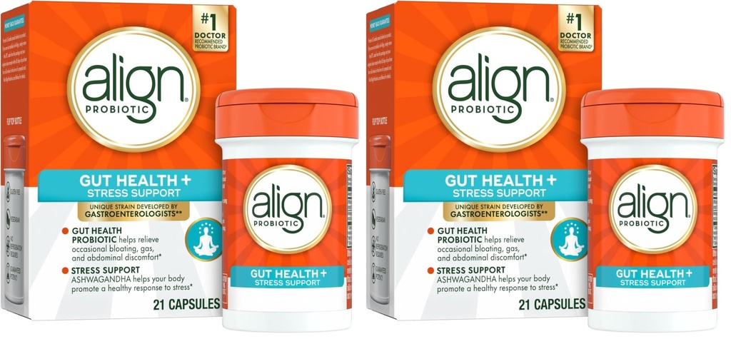 Uitlijnen Probiotica, Digestieve De-Stress, Probiotica voor vrouwen en mannen met Ashwagandha, Helpt met een gezonde respons op stress, Glutenvrij, Sojavrij, Vegetarisch, 21 Capsules (pakket van 2)