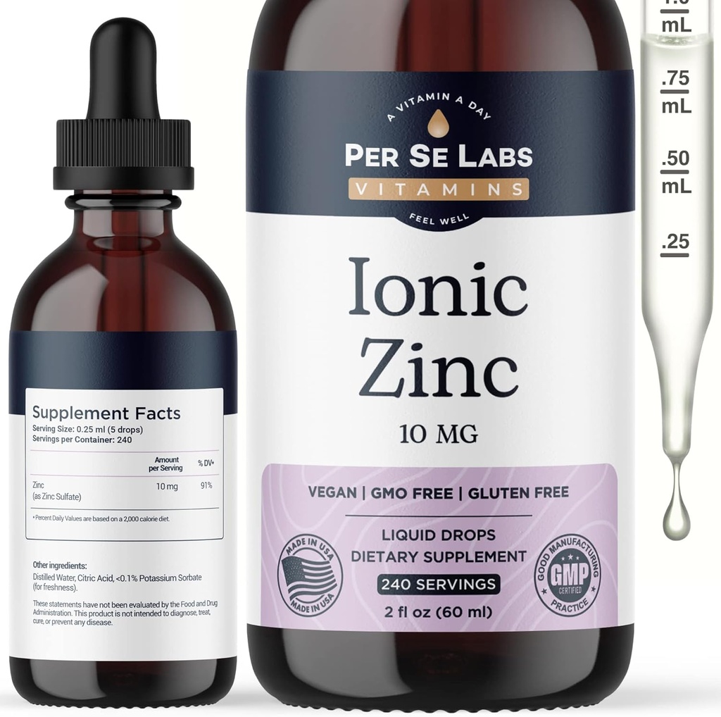 Per Se Labs Ionic Zink Liquid - 10 mg hoge Absorptie 240 Serves Liquid Zink Drops voor volwassenen - Immuun Ondersteuning Huidverzorging Zink Supplementen - Vegan Zinksulfaat Antioxidant Dieetsupplement - 2 Oz