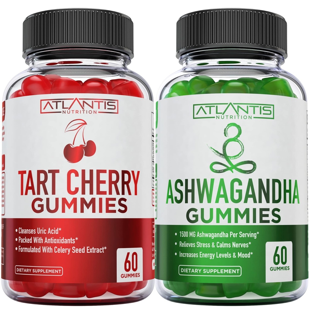 60 Ashwagandha Gummies + 60 Tart Cherry Gummies -Ashwagandha versterkt energieniveaus en versterkt immuunsysteem - Tart Cherry heeft geavanceerde Uric Acid Cleanse voor onmiddellijke jicht pijn Reli