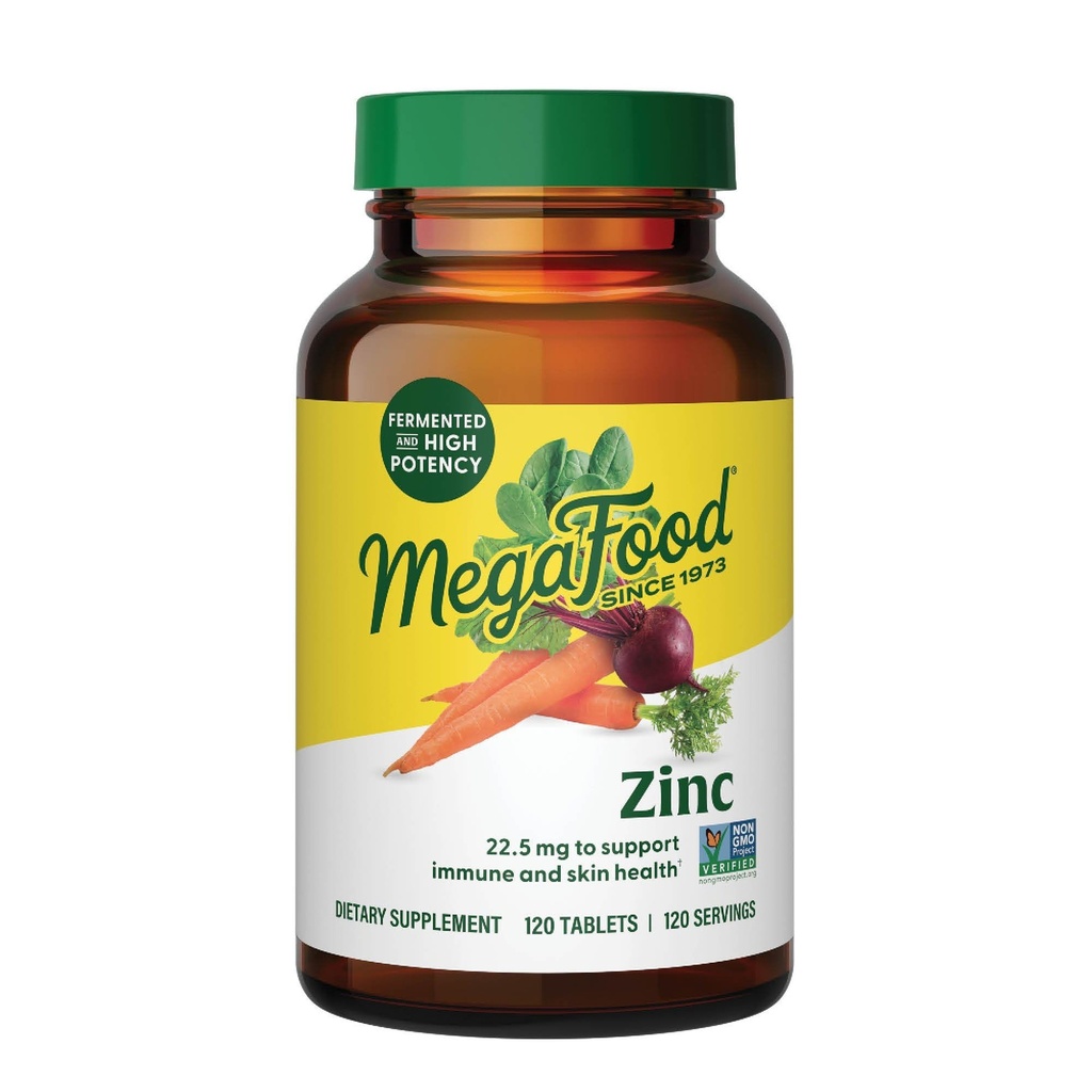MegaFood Zink Supplementen voor vrouwen en mannen - Vegan Immune Support Supplement met 22,5 mg Hoge Potentie Gefermenteerde Zink Tablets - Gemaakt met Real Food - 120 tabletten, 120 porties