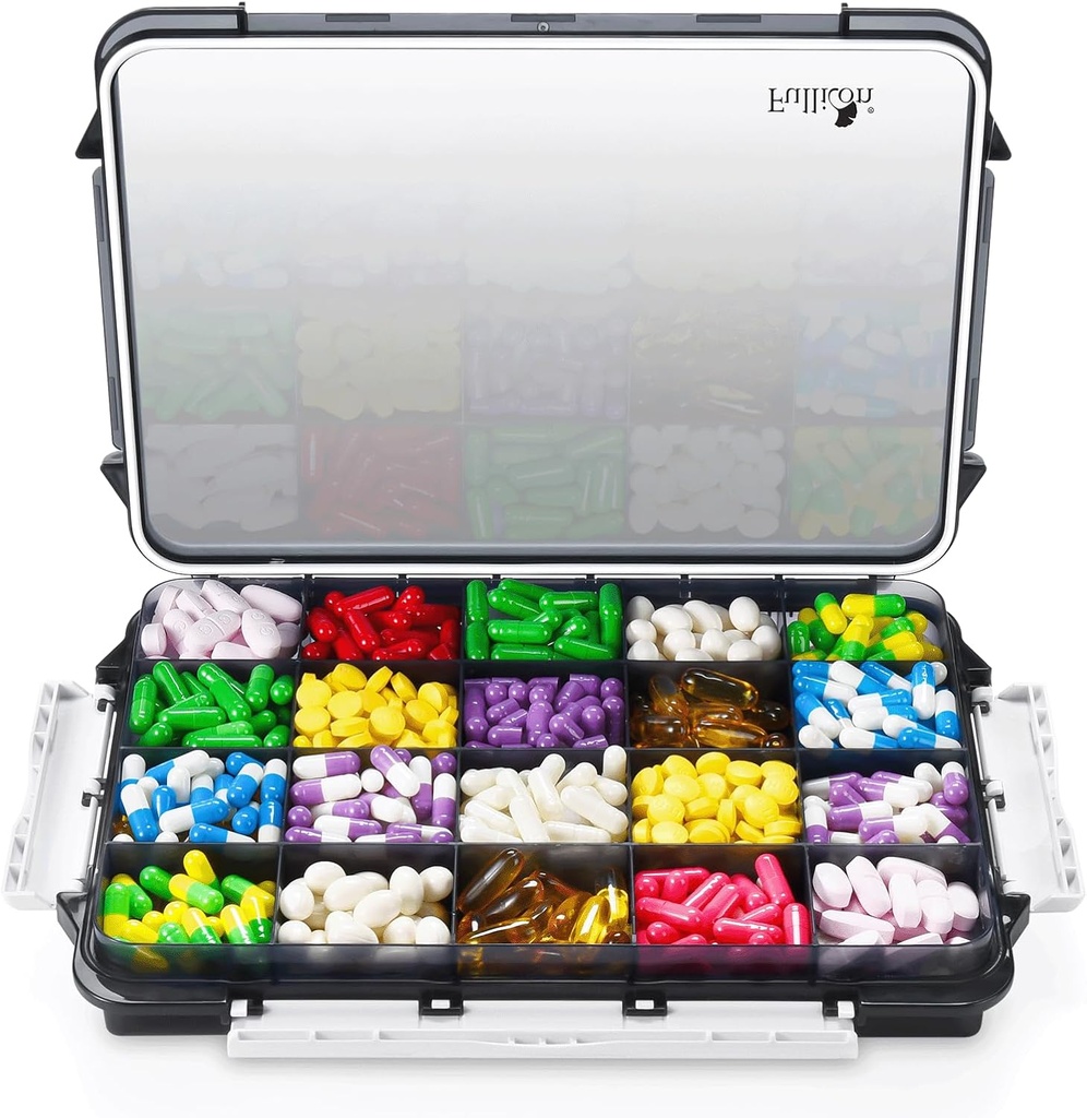 Fullicon Extra Large Pill Organizer met Vocht Proof Design, Travel Jumbo Pill Box met 20 Compartiment, Supplement Organizer voor Vitaminen met 3 Beveiligde Gesp (Zwart)