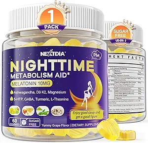 1Pack Melatonine 10mg Gummies, Nachttijd Metabolisme Gummies voor volwassenen, Crush Overtollig hamsteren terwijl u rust, bevorderen gezonde Zzzs, met Magnesium, Ashwagandha, 5-HTP, GABA, 100% Drugvrij, Sugar Gratis