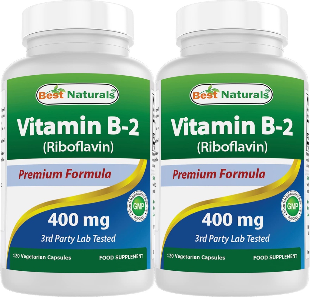 Best Naturals Vitamine B2 (Riboflavine) 400mg - Migraine Relief - Veggie Capsules - Conezyme Precursor - 120 Telling (Pack of 2)