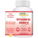 SHIFA NUTRITION Halal Vitamine D, Halal Vitamine D3, 5000 IE Softgels, 120 porties. Non-GMO, Glutenvrij, Ondersteunt: Structuur, Botten, Tanden, Hart, Spier en Immuunfuncties