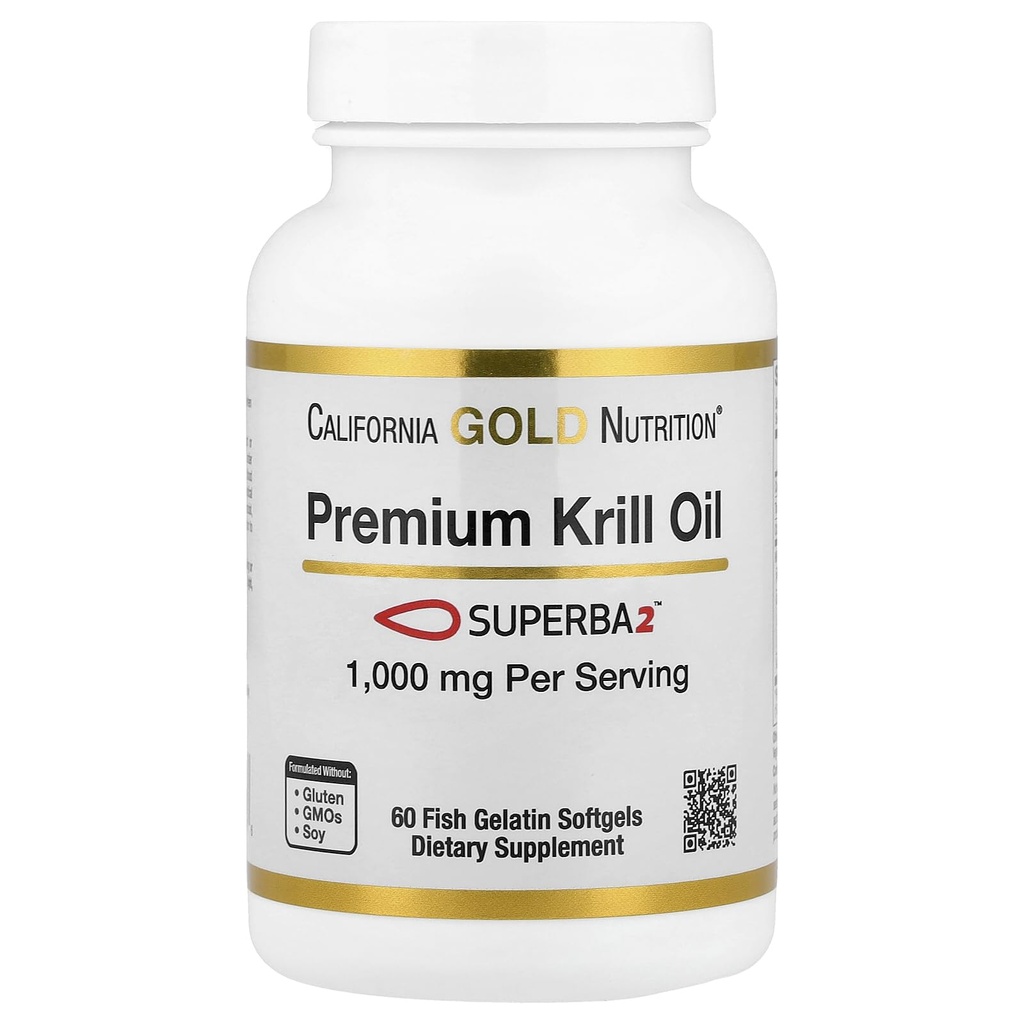 California Gold Nutrition Premium Krill Oil with Superba2 Bio available Omega-3s from Antarctic Krill - Heart & Brain Health Support - Gluten Free, Non-GMO - 1000 mg - 60 Fish Gelatine Softgels