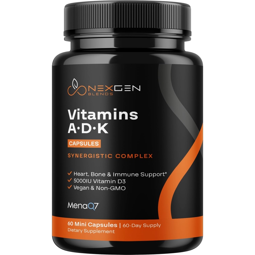 Supplément de vitamine ADK à haute absorption - Vitamine végétalienne D3 K2 MK7 & A pour la régulation du calcium Plus Thyroïde du coeur ossé et soutien immunitaire - Vitamine ADK avec 5000IU D3 Non OGM et sans gluten (2 mois)