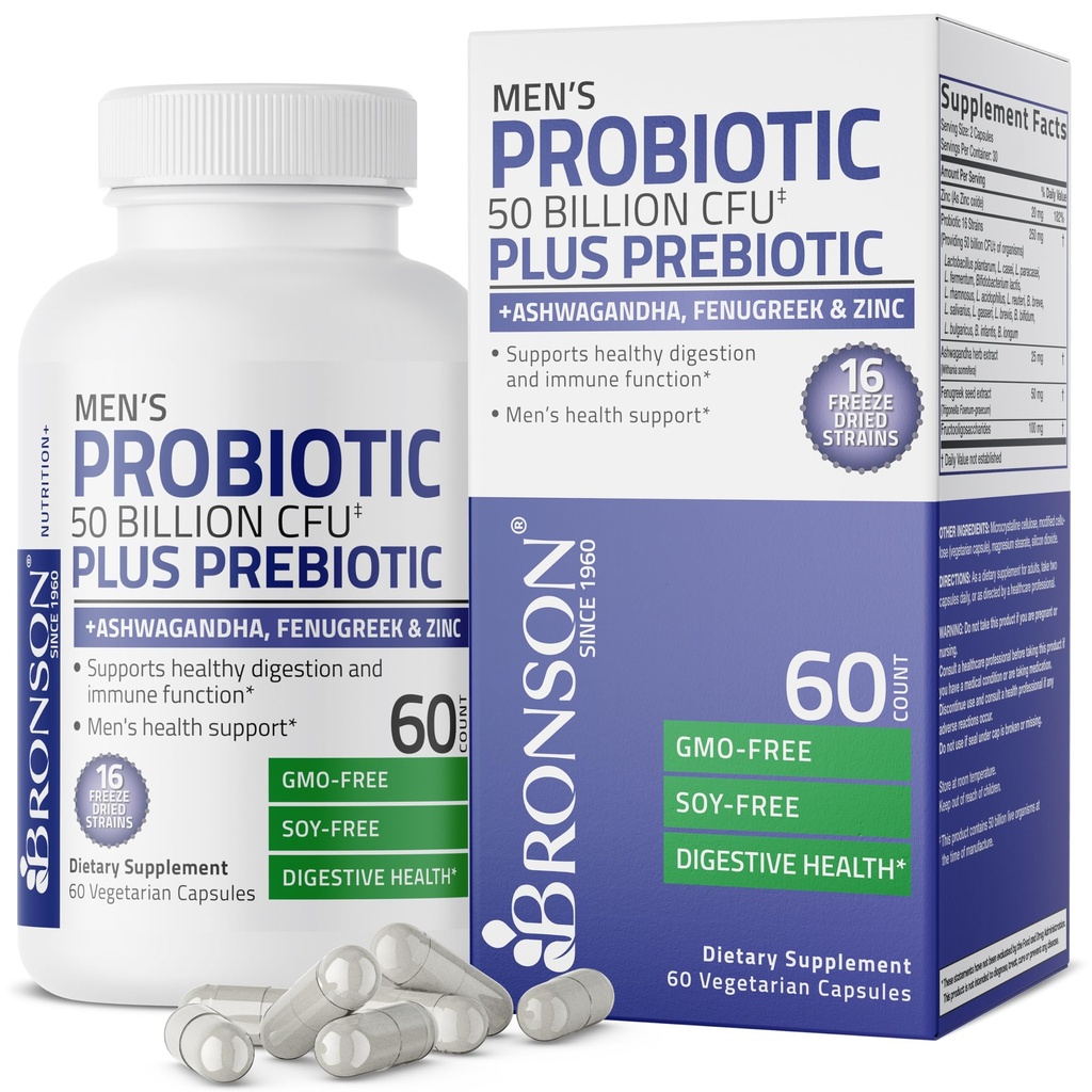 Bronson Men's Probiotic 50 Miljard CFU Plus Prebiotic with Ashwagandha, Fenegriek & Zink, ondersteunt gezonde spijsvertering & Immuunfunctie Non-GMO, 60 Vegetarische Capsules