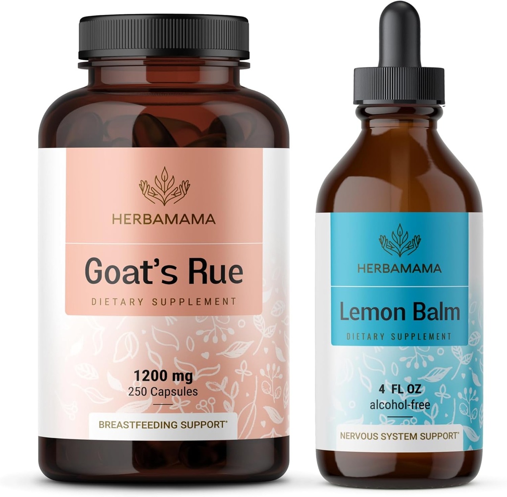 HERBAMAMA Goat's Rue and Lemon Balm Kit - bundel van 1200 mg Goat's Rue Capsules & Lemon Balm Liquid Drops 4 fl oz - Vegan, Non-GMO, Sugar & Alcohol-Free - 2 Pack