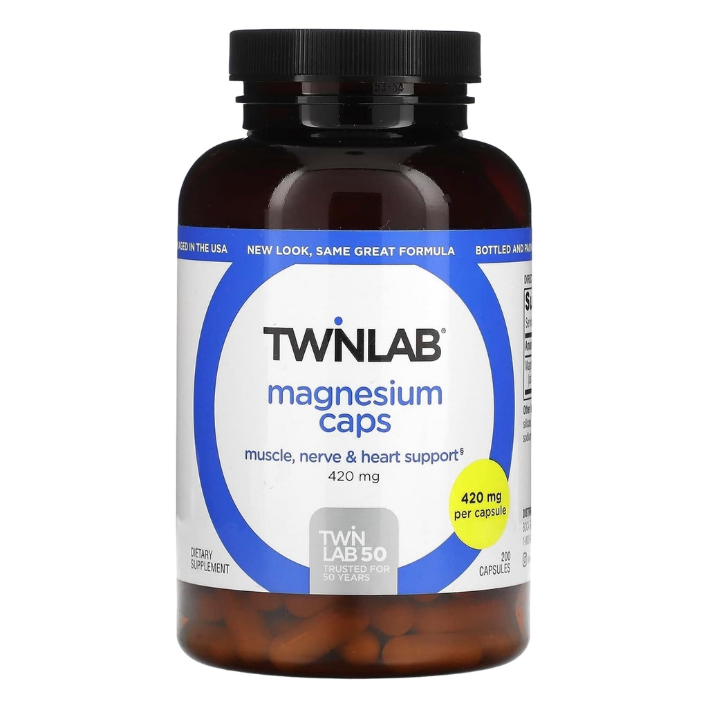 Twinlab Magnesium Caps - Hoge Absorptie Magnesium Supplement ter ondersteuning van Leg Cramps Relief - Magnesium Capsules for Stress Relief, 420 mg, 200 Telling, 1 Pack