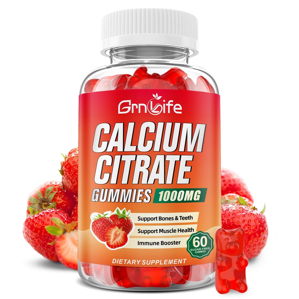 Calcium citraat Gummies, Suikervrije Calcium citraat 1000mg voor spier gezond, Absorptie Calcium Supplementen voor Volwassenen & Kids, Aardbei, 60 Tellen
