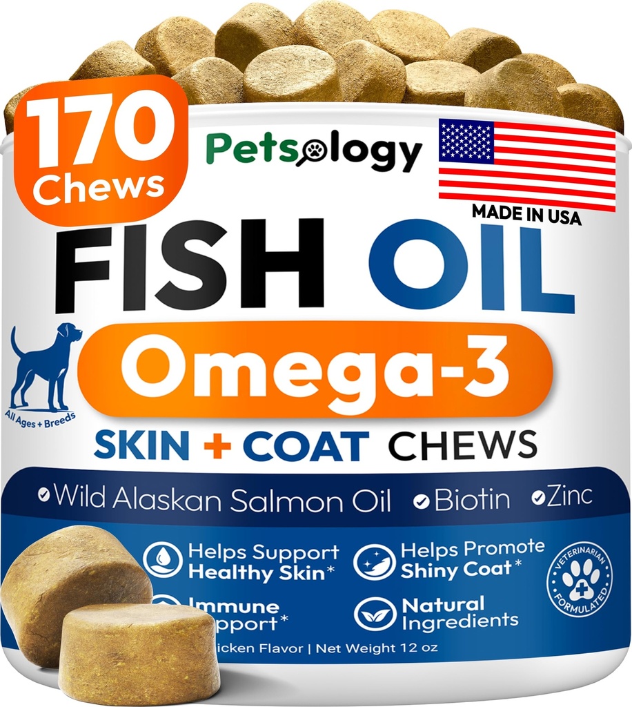 Omega 3 Visolie voor honden - 170 Kauwen - Omega 3 voor honden Itchy huid & Allergie Relief - Skin & Coat Supplement - EPA & DHA vetzuren - Honden Antivergieten & Hot Spot Treatment - Zalmolie