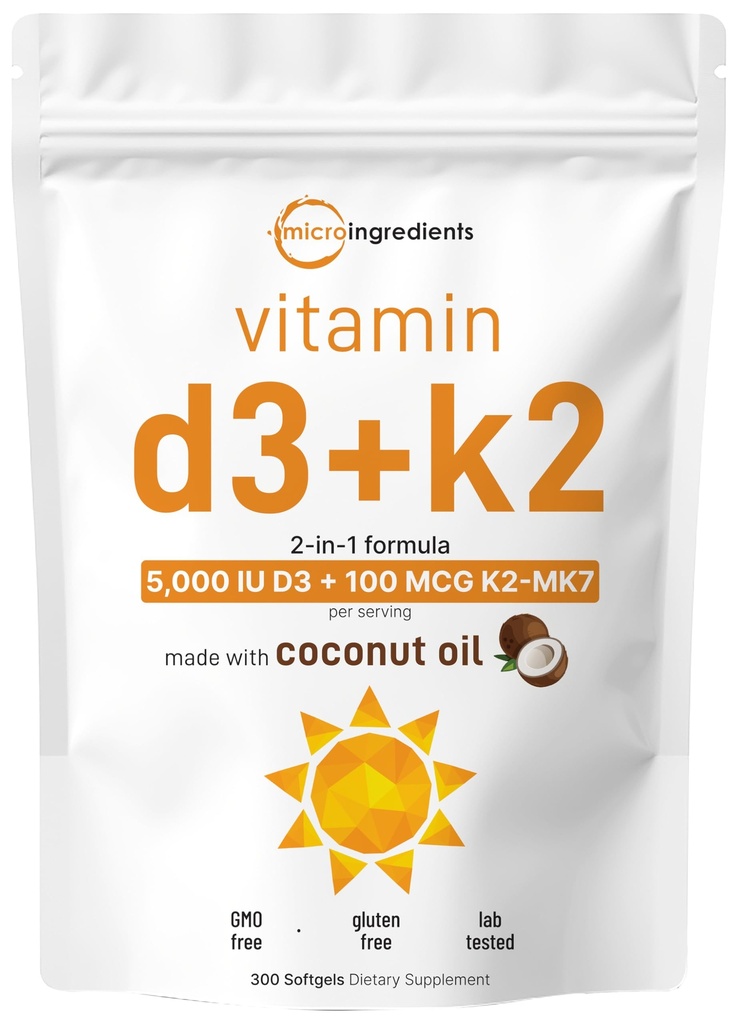 Micro-Ingrediënten Vitamine D3 5.000 IE + K2 MK-7 100 mcg, 300 Softgels 