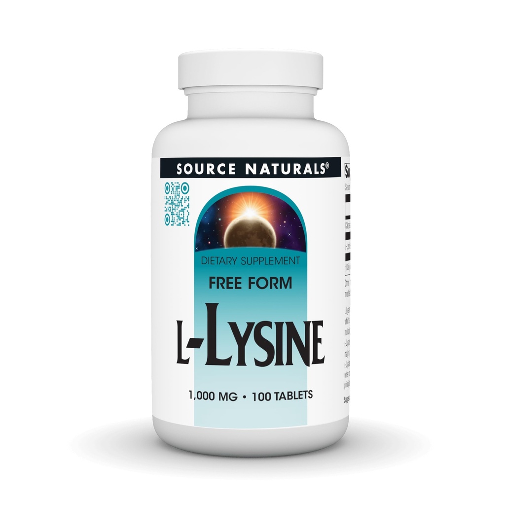 Bron Naturals L-Lysine Free Form, 1000 mg - Aminozuur Supplement ondersteunt energievorming & Collageen* - 100 tabletten