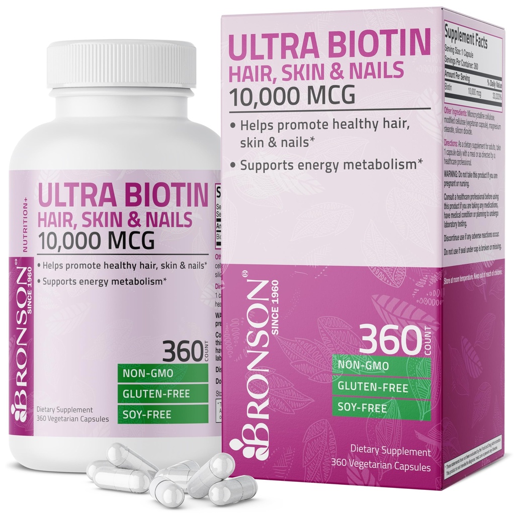 Bronson Ultra Biotin 10.000 Mcg Hair Skin and Nails Supplement, Non-GMO, 360 Vegetarian Capsule
