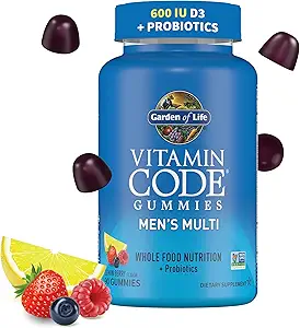 Homme Multivitamine Gummy: Vitamines C, D, E, B & Zinc pour l'énergie, l'endurance et le stress, Probiotiques pour la santé digestive et immunitaire, Code Vitamine, Non-OGM, Sans gluten, 90 baies de citron, 30 jours de comptage