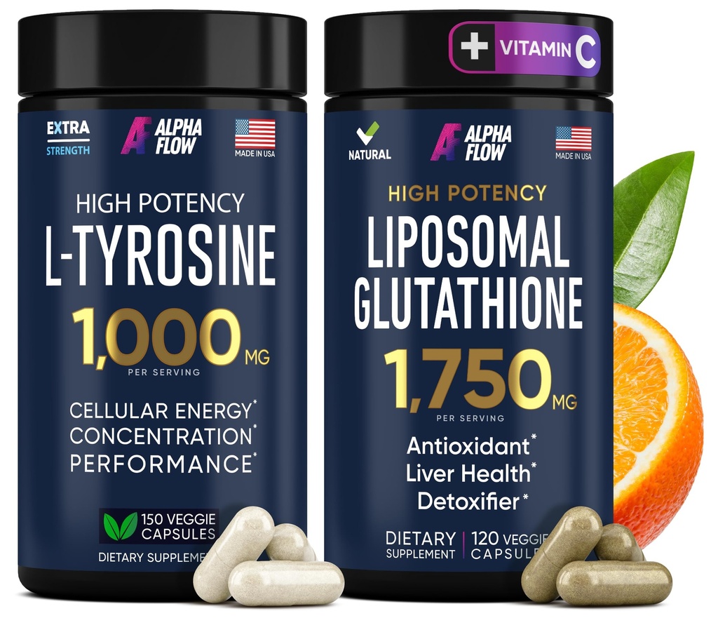 (Bundel) L Tyrosine 1000mg & Liposomale Glutathion 1750mg - All-Natural Focus, Energy, and Liver Support - Non-GMO, Gluten-Free, Vegan - 270 Capsules Totaal