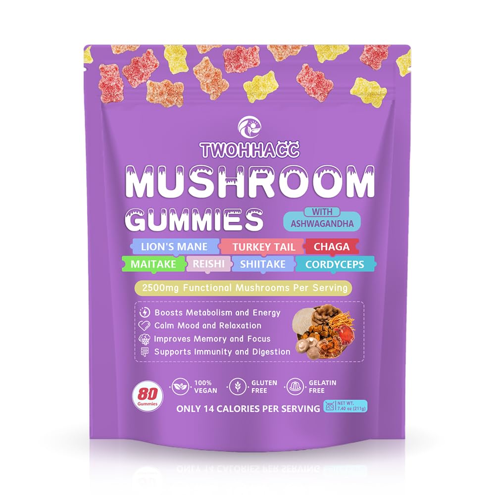 Paddestoelsupplement Gummies met Ashwagandha en Lions Mane, Maitake, Turkije staart, Reishi, Chaga, Shiitake, Cordyceps Nootropic Brain Supplement voor Focus, Geheugen, Immune, Ondersteuning en Stress Relief