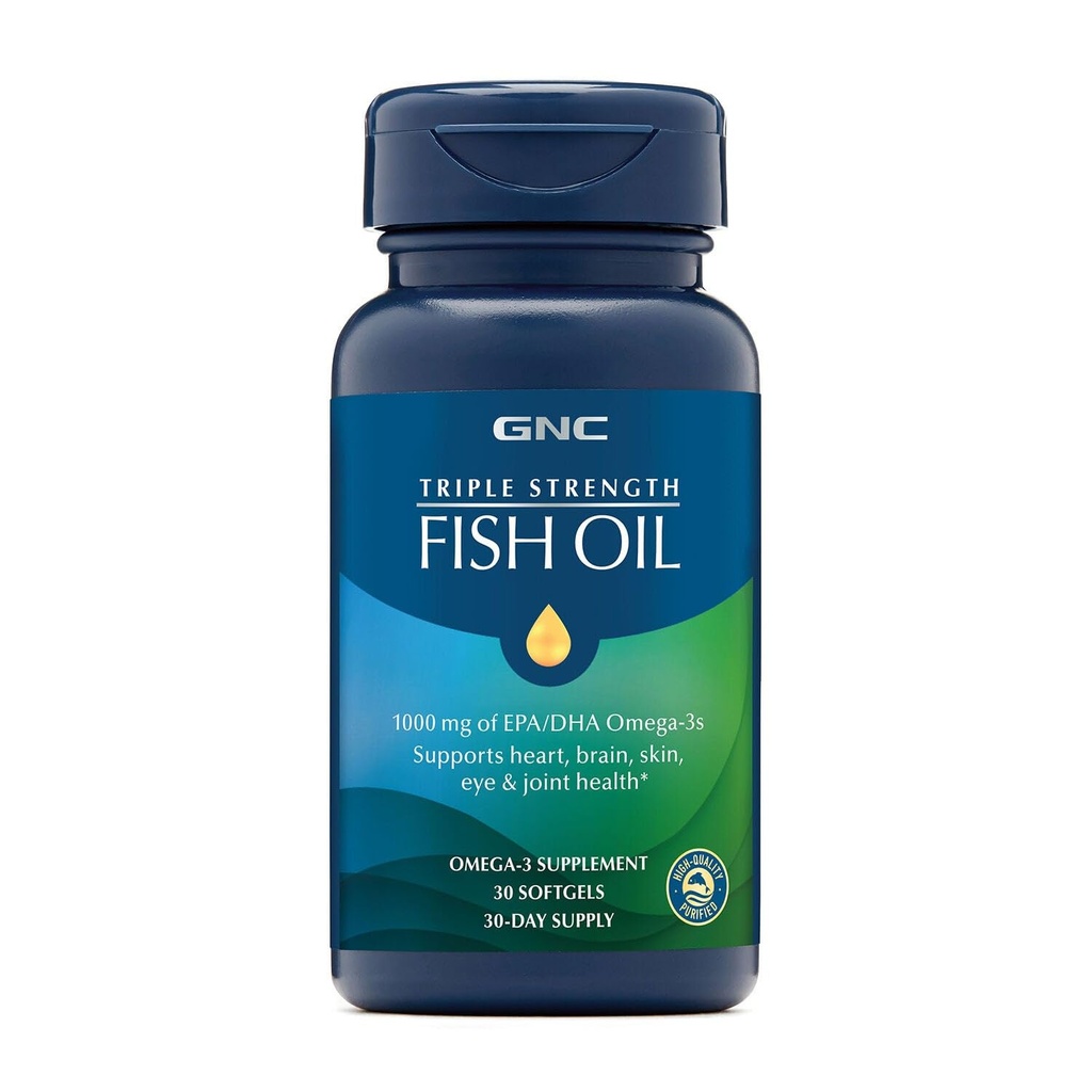 GNC Triple Strength Fish Oil Omega 3 Supplement, 1000mg EPA en DHA, ondersteunt hart, hersenen, huid, oog en gezamenlijke gezondheid, 30 Softgels