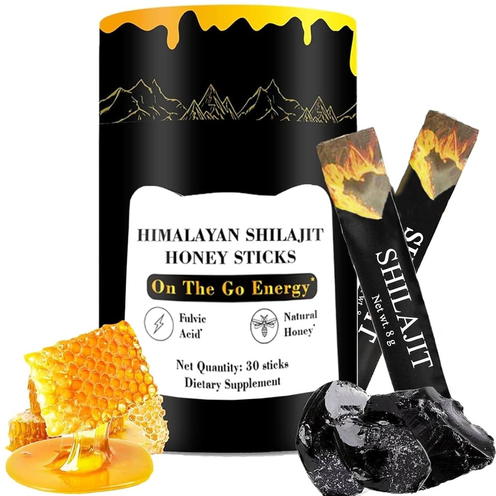 Honey Sticks, Himalaya Shilajit Honing Sticks, Pure Himalaya Resin, Honey & Saffron, 30 hoge absorptiesticks voor energie, sterkte en cognitieve ondersteuning