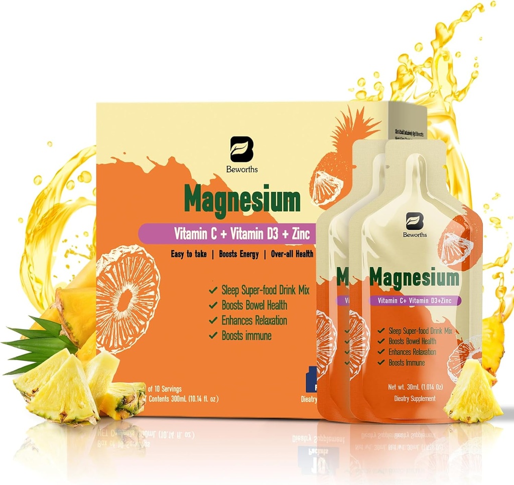 Magnesium citraat vloeibaar supplement, met bromelaïne, vitamine C, D3, B6, zink, hoge Absorptie Magnesium citraat orale oplossing, magnesium voor constipatie, Zzz & Energy, Ananas, 10 Fl Oz