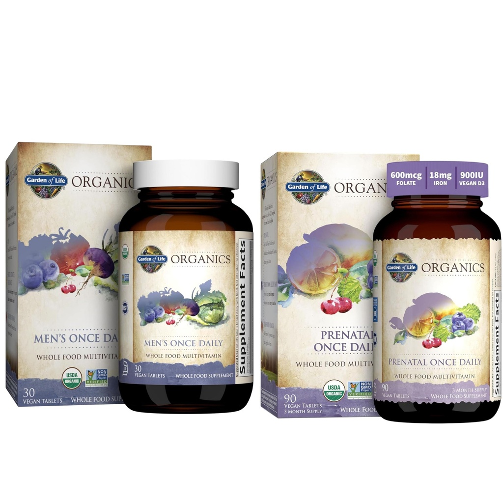 Garden of Life Organics Prenatale vitamine: Folaat voor energie & gezonde foetusontwikkeling & Organics Multivitamine voor mannen - Mannen eenmaal dagelijks hele voedsel vitaminesupplement tabletten, Vegan, 30 Tellen
