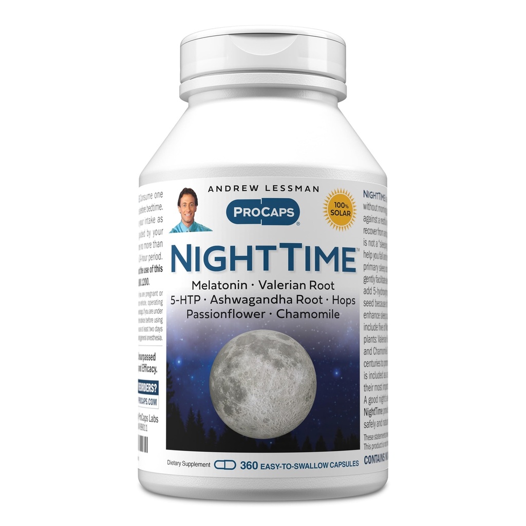 ANDREW LESSMAN Night Time 360 Capsules - 3mg Melatonine, Valeriaan, Ashwagandha, Passiebloem, Hop, kamille. Geen Morning Grogginess. Natuurlijke ondersteuning, zachte rust. Gemakkelijk te slikken capsules