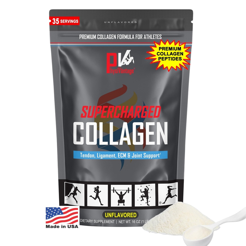 PhysiVantage Supercharged Collagen Peptides Powder - Gehydrolyseerde Collagen voor Joint, Tendon, Ligament, & Skin Health Support - Unflavored, Keto, Paleo, 16oz Verbeterd met vitamine C, BCAA's, Grass-Fed