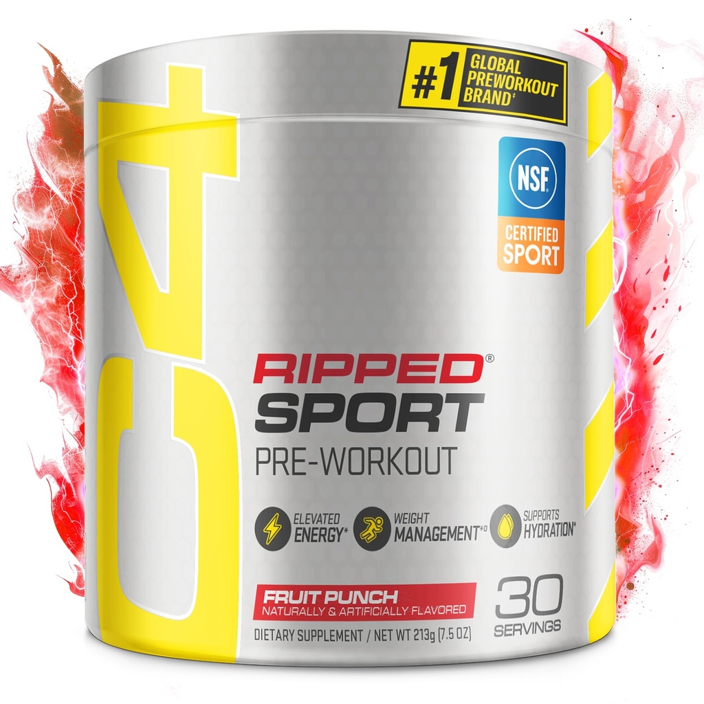 C4 Ripped Sport Pre Workout Poeder Fruit Punch - NSF gecertificeerd voor Sport + Zero Sugar Preworkout Energy Supplement voor mannen & vrouwen - 135mg Cafeïne + gewichtsverlies - 30 porties