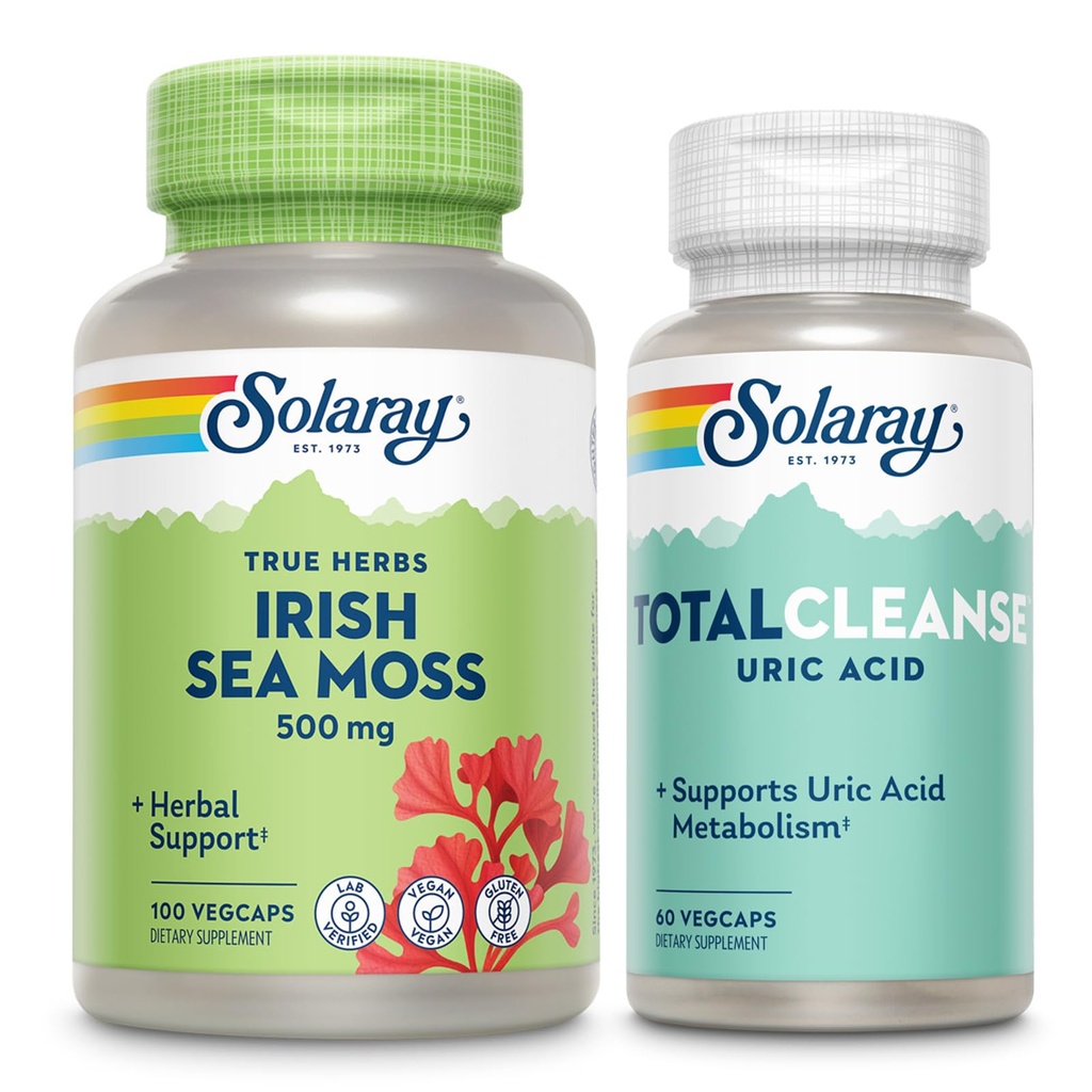 SOLARAY Irish Sea Moss and Total Cleanse Uric Acid - Wellness and Joint Health Bundle w/Naturally Occuring Vitaminen, Mineralen, Live Bacteria, Plus Tart Cherry, Kurkuma en Selderijzaad, 100/60ct