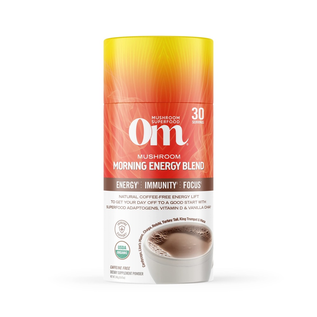 Om Mushroom Superfood Morning Energy Blend Mushroom Powder Drink, 8,47 Ounce Canister, Koffie Gratis Energie Drink met Cordyceps, Vitamine D2, Agaricus Bisporus, Lion's Mane, Rhodiola, en Turkije staart