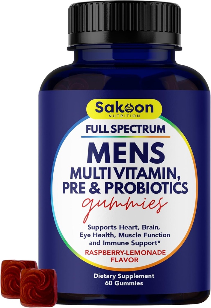Sakoon voeding Mannen Multivitamine Gummies met Probiotica en Prebiotica, Adult Multivitamine A, C, D, E, B & More, Ondersteuning Immune, Energie, Gezondheid, 60 Tellen