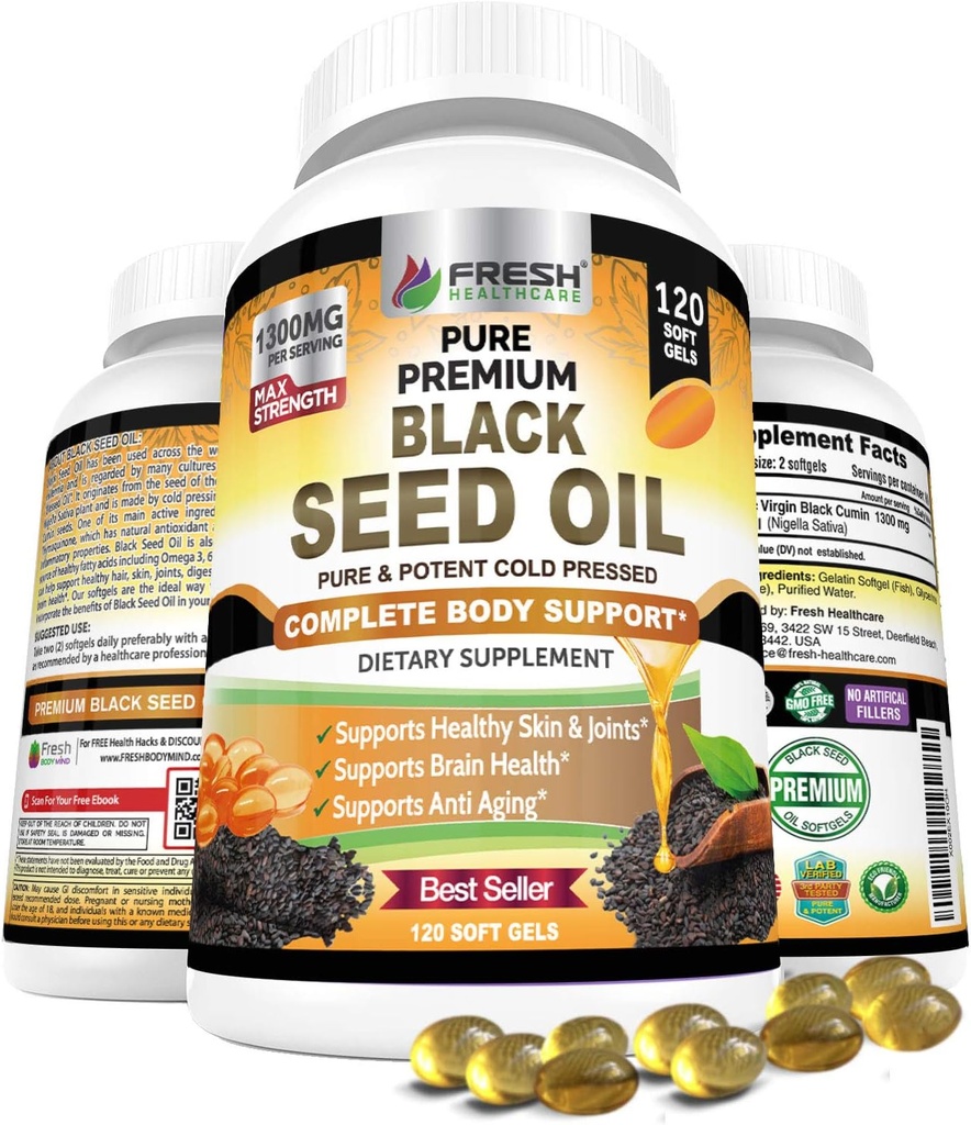 FRESHARE Black Seed Oil Capsules Cold Pressed 1300mg - 100% Pure Non-GMO Nigella Sativa - Immune & Joint Support - Premium Softgel Supplement