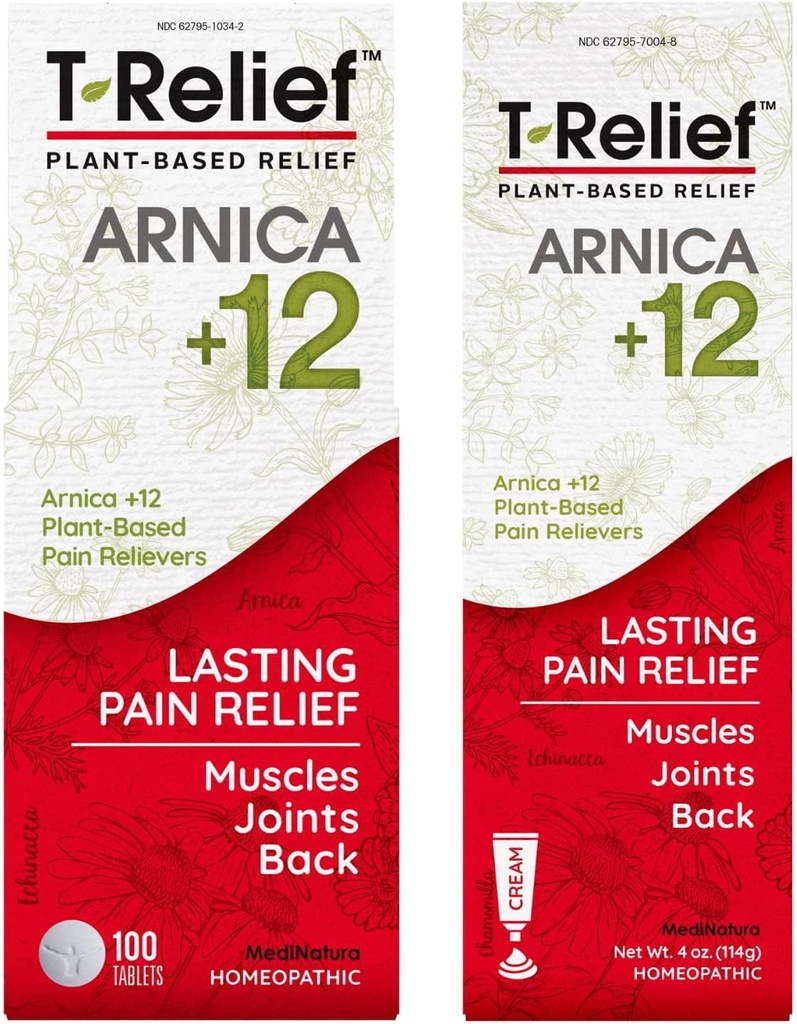 Medianatura T-Relief Arnica +12 Natural Pain Relivers 100ct Tablets T-Relief Natural Pain Relief Arnica +12 4oz Cream Bundle