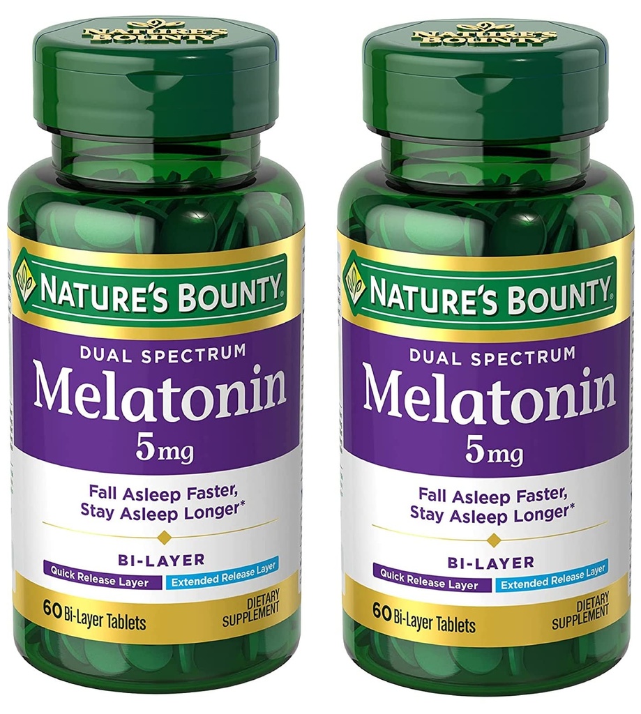 Nature's Bounty Melatonin 5mg double spectre, 100% sans médicament supplément de sommeil, libération rapide et libération prolongée, favorise la détente et la santé du sommeil, 60 comprimés bi-layer (paquet de 2)