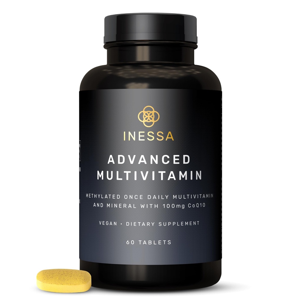 Inessa Methylated Multivitamine for Men and Women - Advanced Natural Daily Mens Multivitaminen met CoQ10 100mg, Vitaminen D3, K2, A, B Complex Vitaminen, Foliumzuur & Zink - 60 Vegan tabletten
