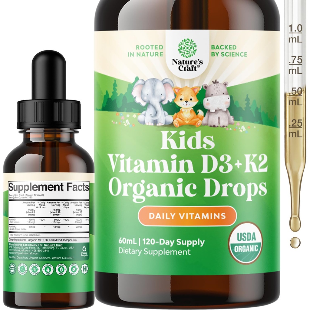Natures Craft Kids Vitamine D3 K2 druppels - Biologische vitamine D voor kinderen voor sterke botten en gewrichten - Zuigelingen, baby's en peuter Immuun ondersteuning druppels vloeibare supplement - 60 ml fles
