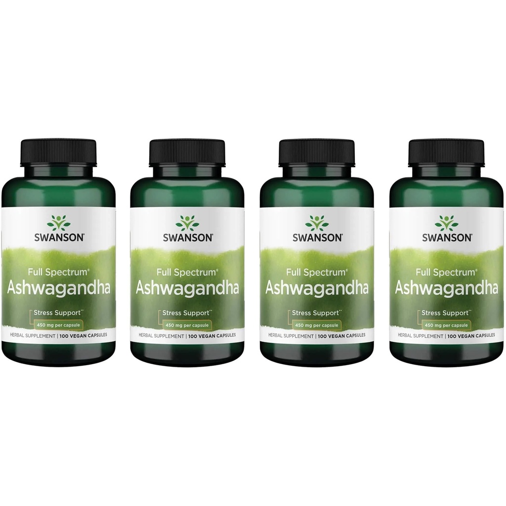 Swanson Ashwagandha Powder Supplement - met Ashwagandha Root ter bevordering van stressrelief & Energy - Ayurvedic Supplement voor natuurlijke wellness (100 capsules, 450 mg Each) 4 Pack